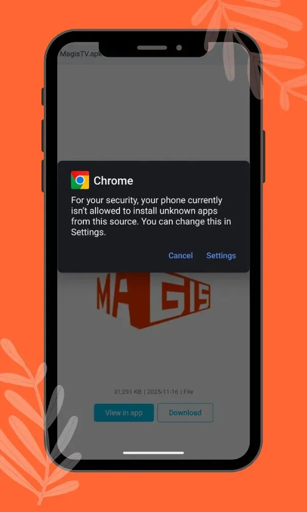 Aviso de Chrome pidiendo confirmación para instalar el APK de Magis TV