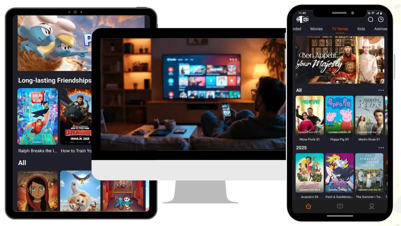 Magis TV Premium instalado en tablet, monitor y smartphone mostrando la misma cuenta sincronizada
